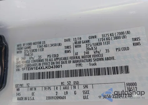 2020 Ford F-150 Lariat from USA, damaged, VIN 1FTEW1E4XLKD43901